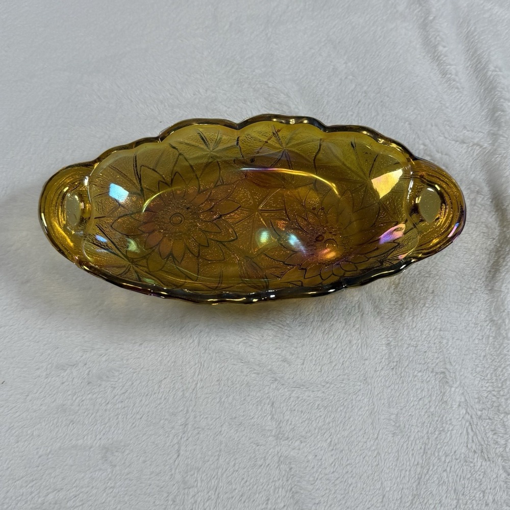 Vintage‎ Amber Carnival Glass Handled Relish Candy Dish Sunflower Floral 10.5"